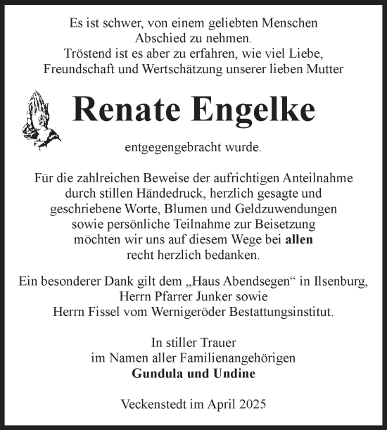 Traueranzeige von Renate Engelke von Volksstimme Wernigerode