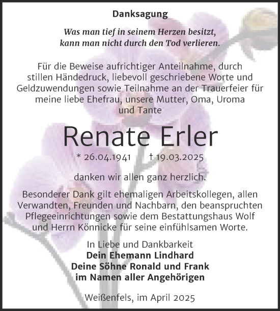 Traueranzeige von Renate Erler von Trauerkombi Weißenfels