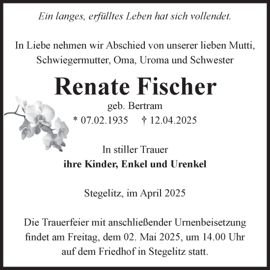 Traueranzeige von Renate Fischer von Volksstimme Burg/Genthin