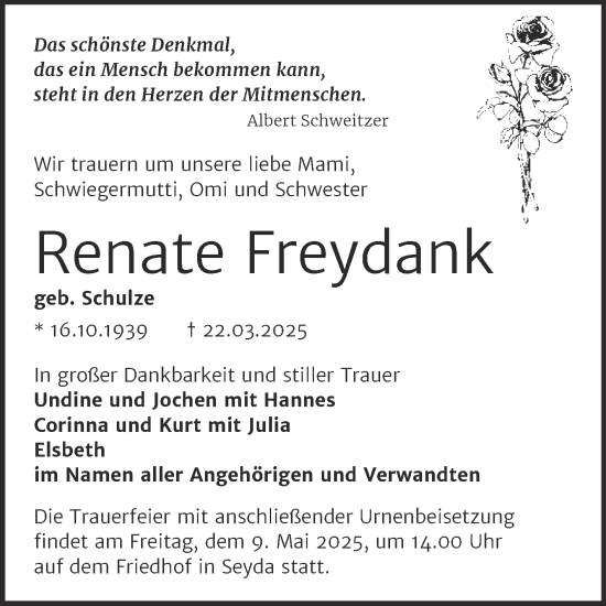 Traueranzeige von Renate Freydank von Trauerkombi Wittenberg