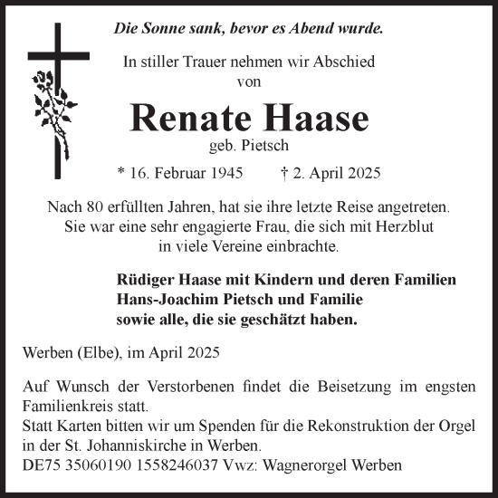 Traueranzeige von Renate Haase von Volksstimme Altmark Ost