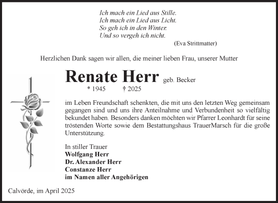 Traueranzeige von Renate Herr von Volksstimme Haldensleben/Wolmirstedt