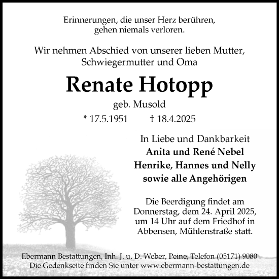 Traueranzeige von Renate Hotopp von Volksstimme Haldensleben/Wolmirstedt