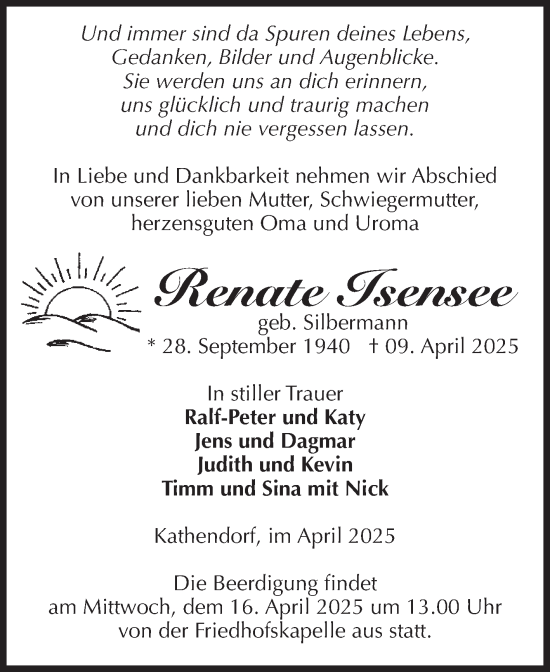 Traueranzeige von Renate Isensee von Volksstimme Haldensleben/Wolmirstedt