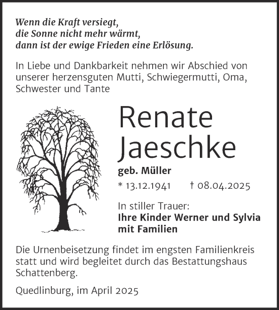Traueranzeige von Renate Jaeschke von Trauerkombi Quedlinburg