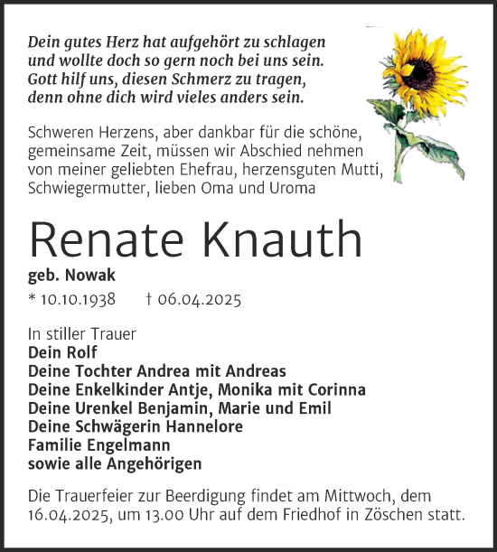 Traueranzeige von Renate Knauth von Trauerkombi Merseburg
