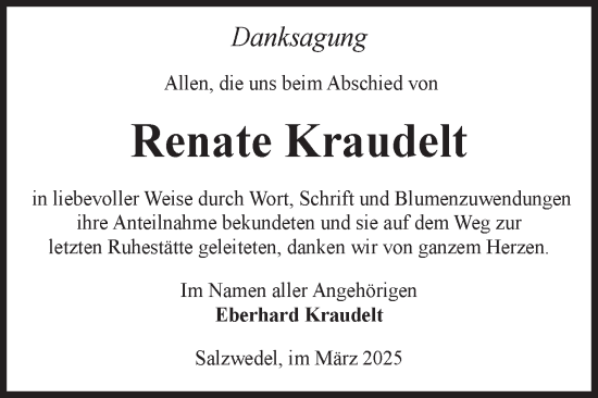 Traueranzeige von Renate Kraudelt von Volksstimme Altmark West