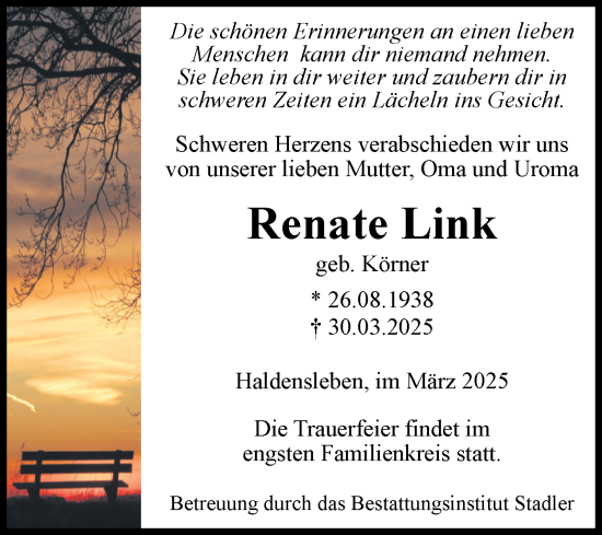 Traueranzeige von Renate Link von Volksstimme Haldensleben/Wolmirstedt