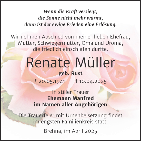 Traueranzeige von Renate Müller von Trauerkombi Bitterfeld