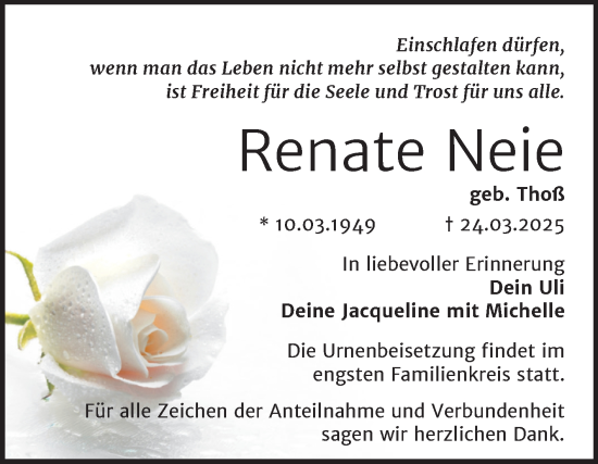 Traueranzeige von Renate Neie von Trauerkombi Merseburg