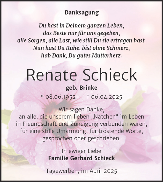 Traueranzeige von Renate Schieck von Trauerkombi Weißenfels