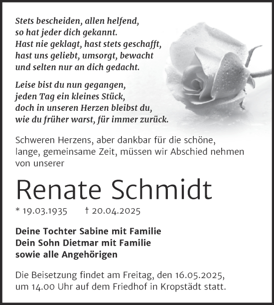 Traueranzeige von Renate Schmidt von Trauerkombi Wittenberg