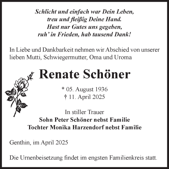 Traueranzeige von Renate Schöner von Volksstimme Burg/Genthin