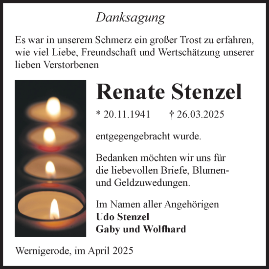Traueranzeige von Renate Stenzel von Volksstimme Wernigerode