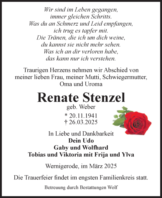 Traueranzeige von Renate Stenzel von Volksstimme Wernigerode