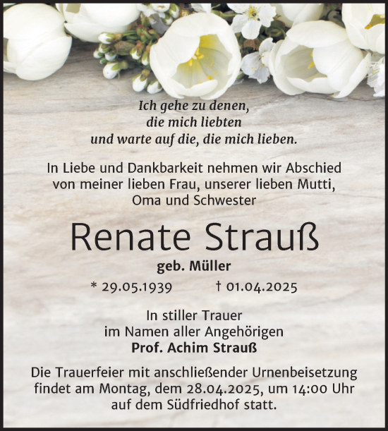 Traueranzeige von Renate Strauß von Mitteldeutsche Zeitung Halle/Saalkreis