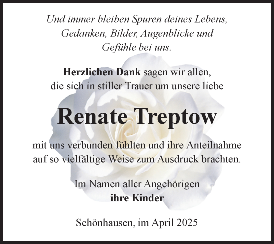 Traueranzeige von Renate Treptow von Volksstimme Altmark Ost