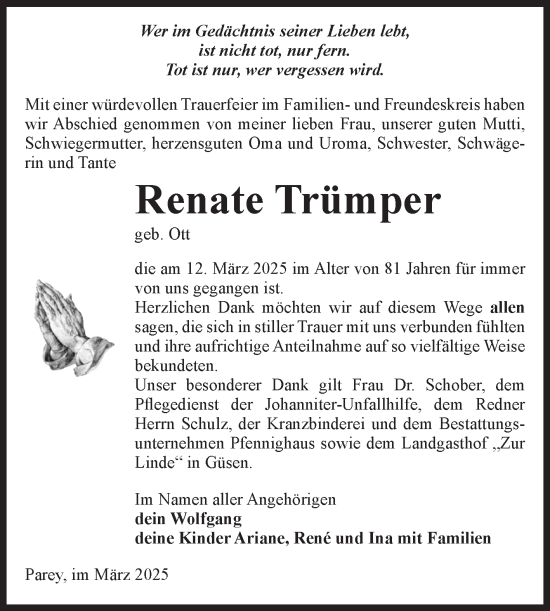 Traueranzeige von Renate Trümper 