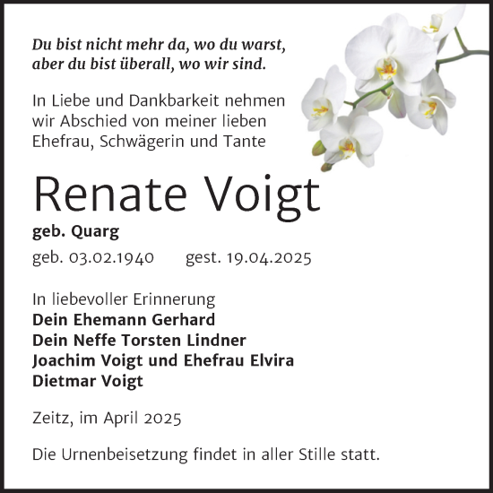 Traueranzeige von Renate Voigt von Trauerkombi Zeitz