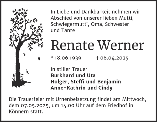 Traueranzeige von Renate Werner von Trauerkombi Bernburg
