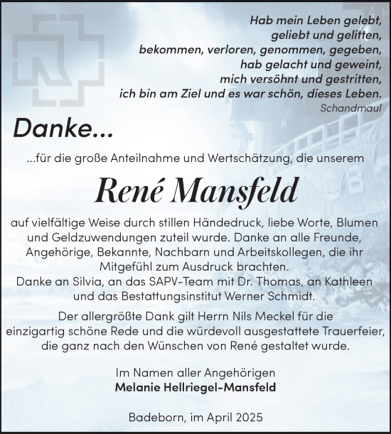 Traueranzeige von Rene Mansfeld von Trauerkombi Quedlinburg