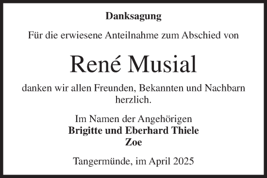 Traueranzeige von Rene Musial von Volksstimme Altmark Ost