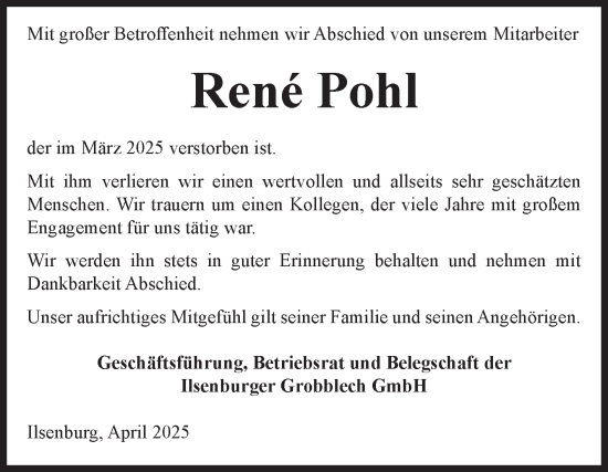 Traueranzeige von René Pohl von Volksstimme Wernigerode