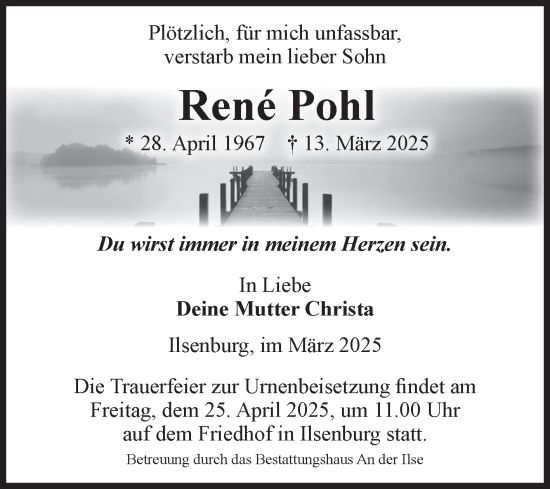 Traueranzeige von René Pohl von Volksstimme Wernigerode