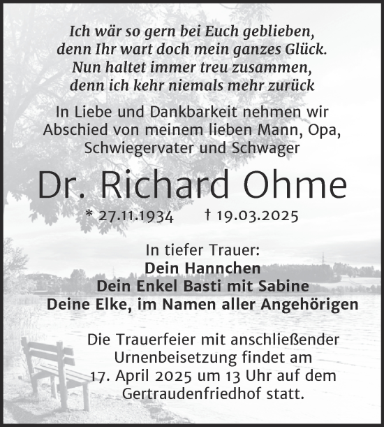 Traueranzeige von Richard Ohme von Mitteldeutsche Zeitung Halle/Saalkreis