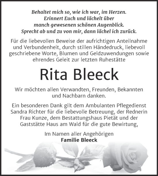 Traueranzeige von Rita Bleeck von Trauerkombi Wittenberg