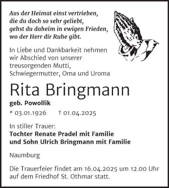 Traueranzeige von Rita Bringmann von Naumburger Tageblatt
