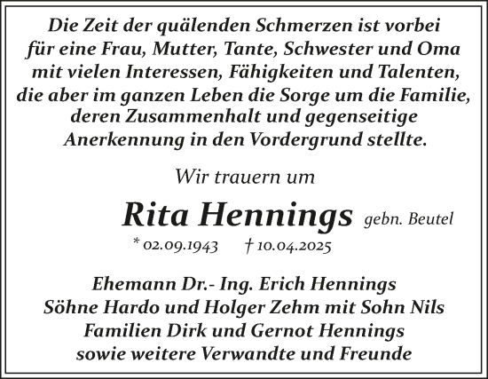 Traueranzeige von Rita Hennings von Trauerkombi Dessau