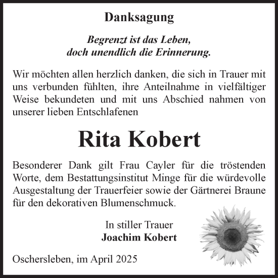 Traueranzeige von Rita Kobert von Volksstimme Oschersleben/Wanzleben