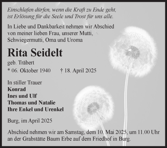 Traueranzeige von Rita Seidelt von Volksstimme Burg/Genthin
