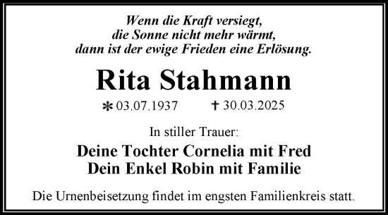 Traueranzeige von Rita Stahmann von Trauerkombi Wittenberg