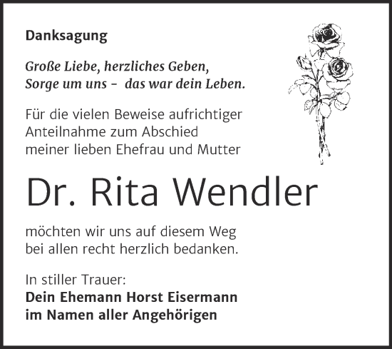 Traueranzeige von Rita Wendler von Trauerkombi Weißenfels