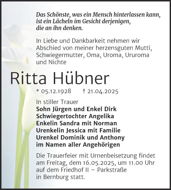 Traueranzeige von Ritta Hübner von Trauerkombi Bernburg