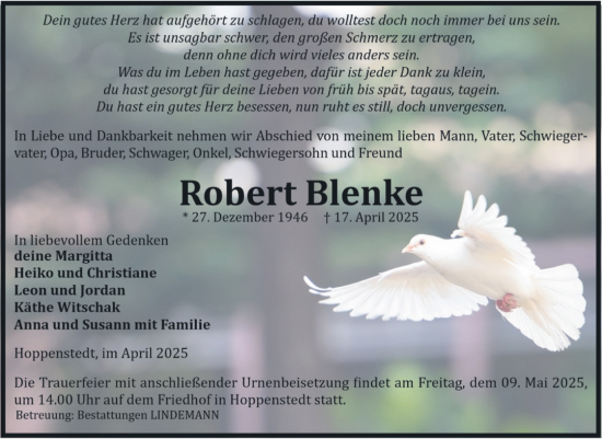 Traueranzeige von Robert Blenke von Volksstimme Halberstadt