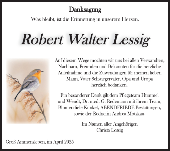 Traueranzeige von Robert Walter Lessig von Volksstimme Haldensleben/Wolmirstedt