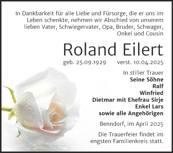 Traueranzeige von Roland Eilert von Trauerkombi Mansfelder Land