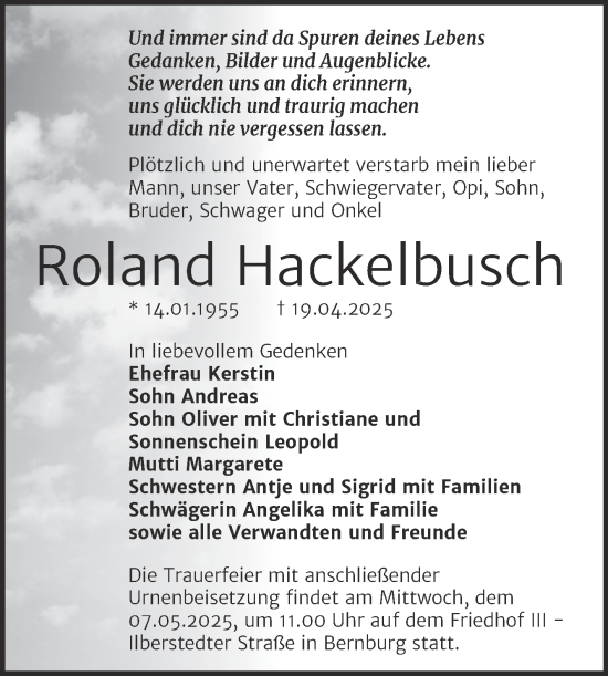 Traueranzeige von Roland Hackelbusch von Trauerkombi Bernburg