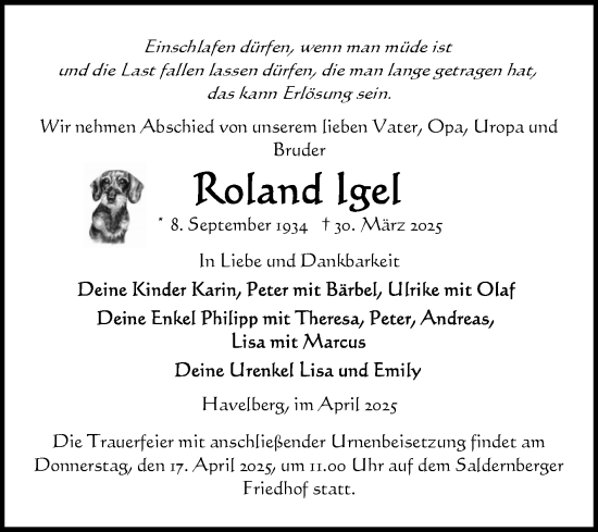 Traueranzeige von Roland Igel von Volksstimme Altmark Ost