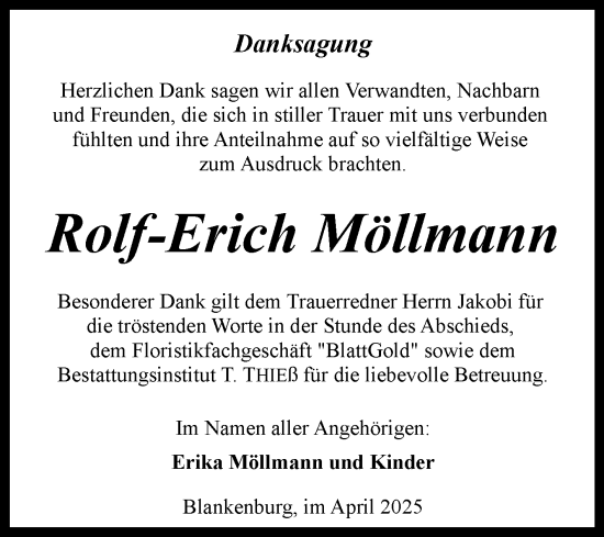 Traueranzeige von Rolf-Erich Möllmann von Volksstimme Wernigerode