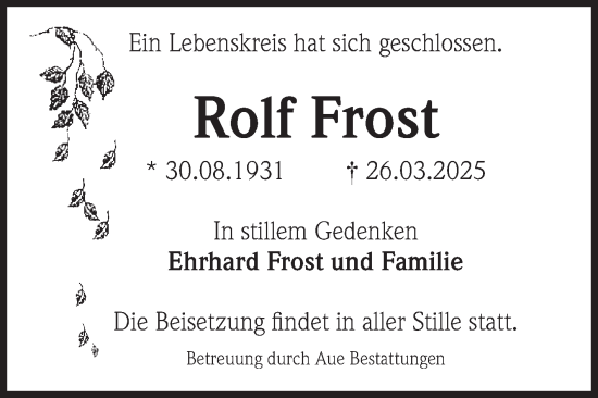 Traueranzeige von Rolf Frost von Volksstimme Magdeburg