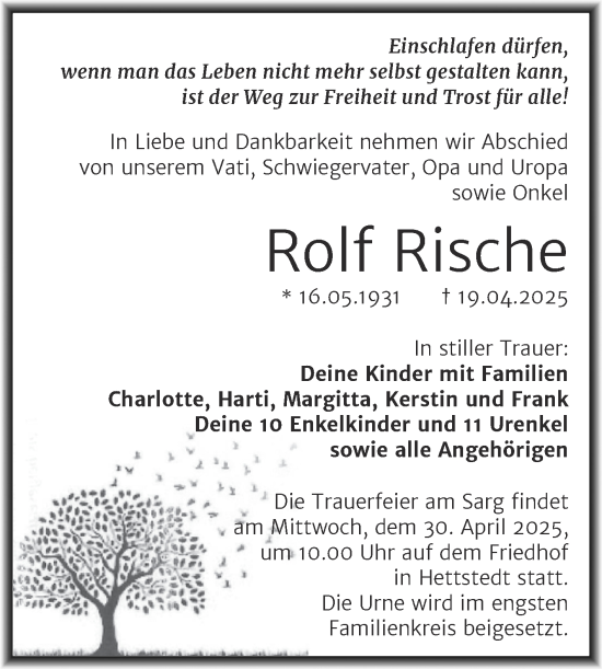 Traueranzeige von Rolf Rische von Mitteldeutsche Zeitung Mansfelder Land