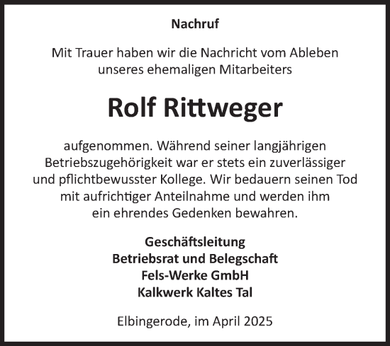 Traueranzeige von Rolf Rittweger von Volksstimme Wernigerode