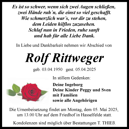 Traueranzeige von Rolf Rittweger von Volksstimme Wernigerode