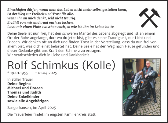 Traueranzeige von Rolf Schimkus von Trauerkombi Sangerhausen