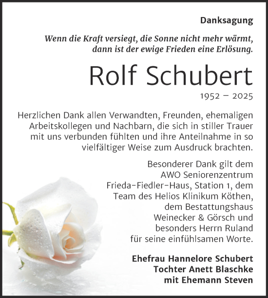 Traueranzeige von Rolf Schubert von Trauerkombi Bernburg