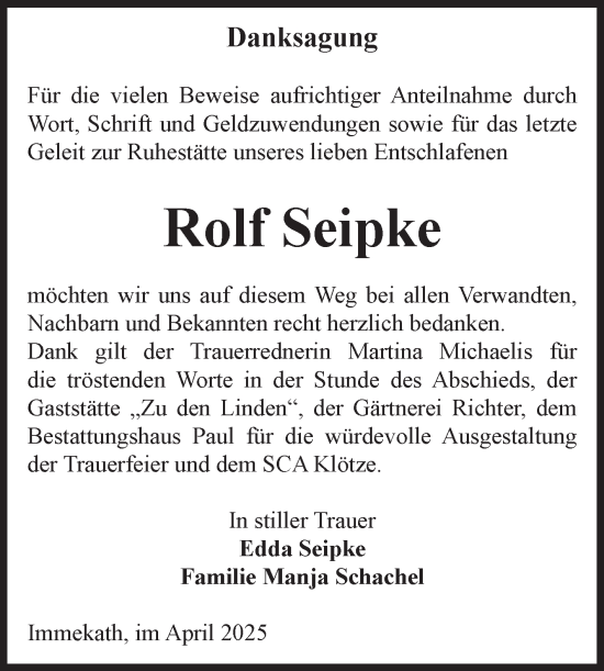 Traueranzeige von Rolf Seipke von Volksstimme Altmark West